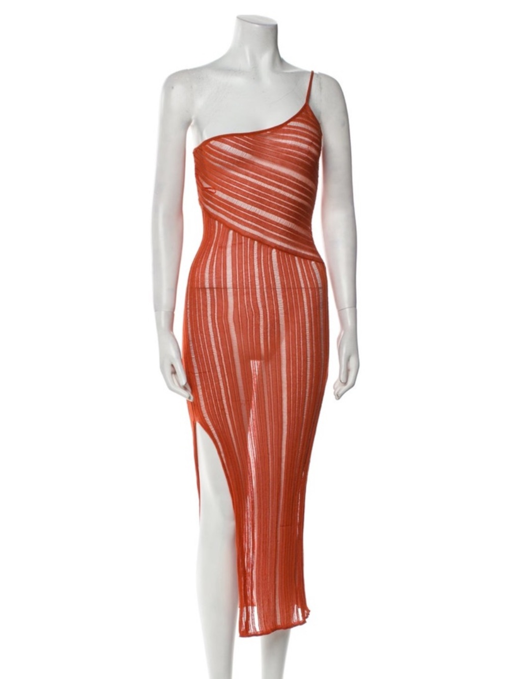 cult gaia Rust Orange One-Shoulder Sheer Knit Midi Dress